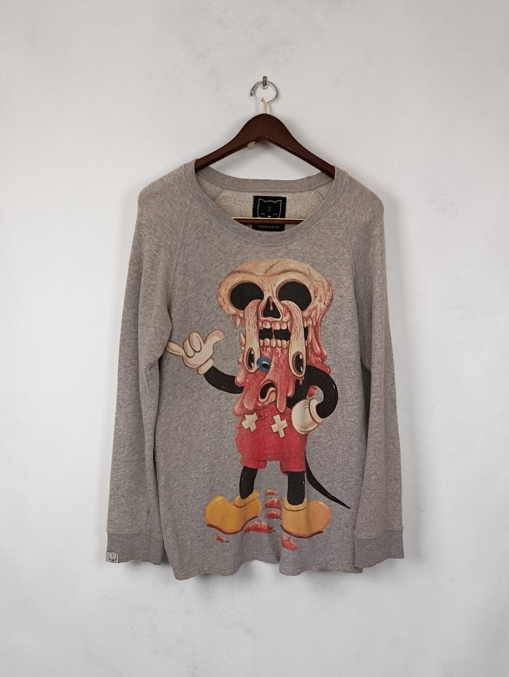 Drop Dead Melting Mickey Face Melt Crewneck Sweatshirt Gray Goth Emo S Distress